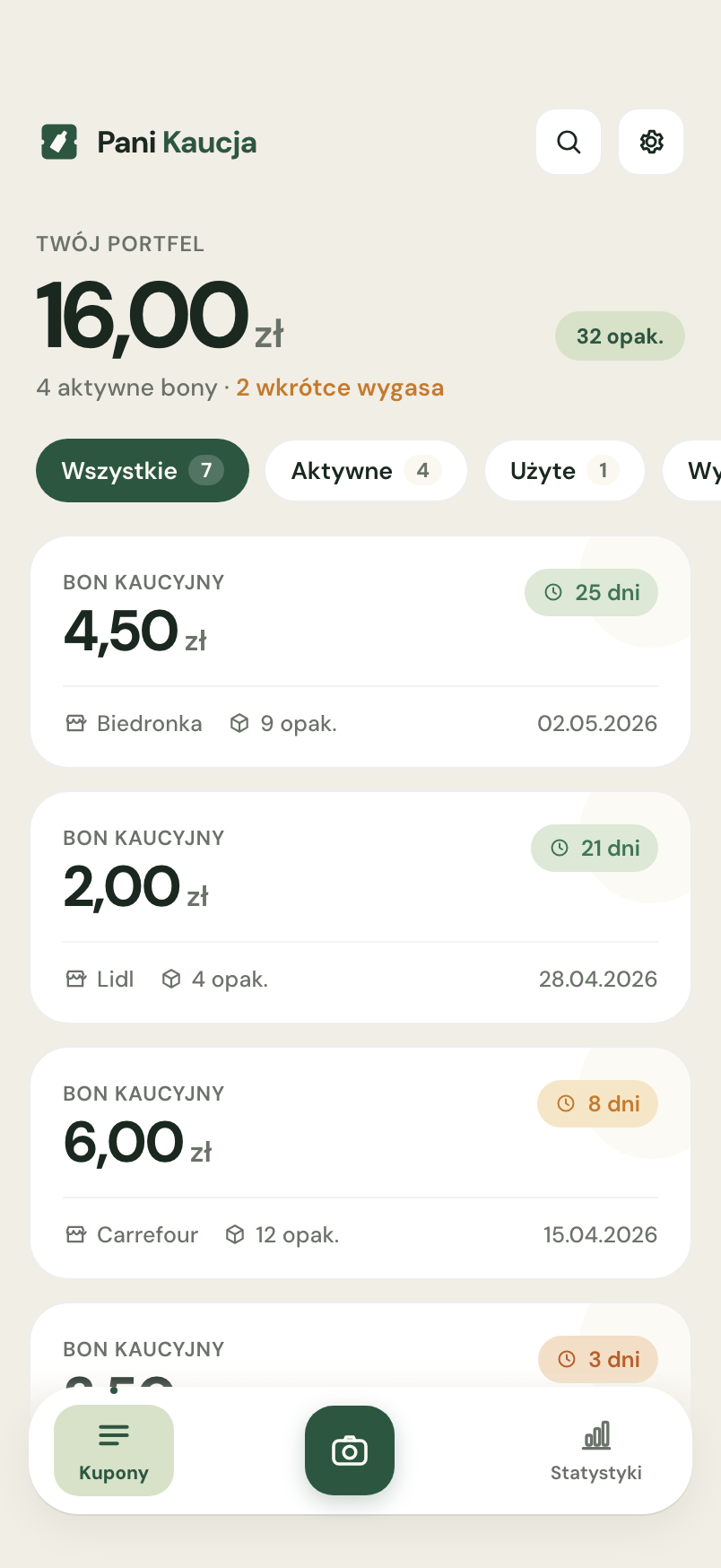 Ekran portfela Pani Kaucja z listą bonów kaucyjnych